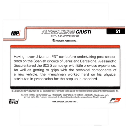 2025 F1 Topps Chrome Alessandro Giusti #51 Green Refractor 29/99 Trading Card Topps