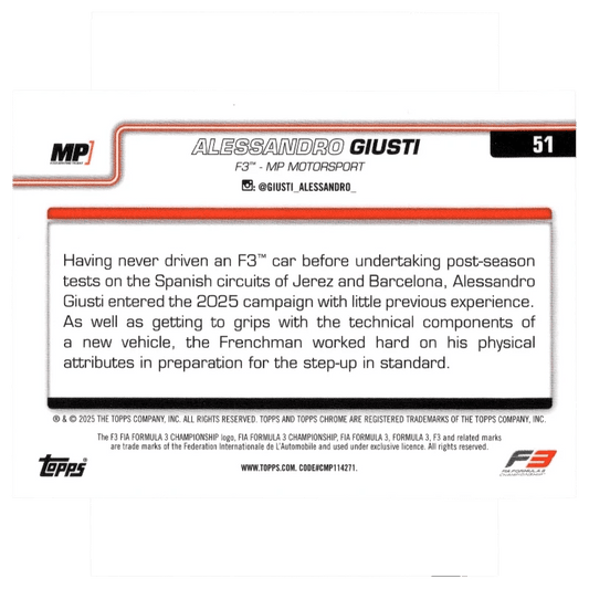2025 F1 Topps Chrome Alessandro Giusti #51 Green Refractor 29/99 Trading Card Topps
