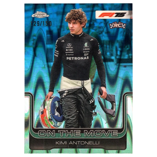 2025 F1 Topps Chrome Kimi Antonelli #185 Blue Ray Wave Refractor 129/150 Trading Card Topps