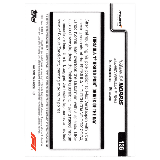 2025 F1 Topps Chrome Lando Norris #136 Forest Green Ray Wave Refractor 40/140 Trading Card Topps