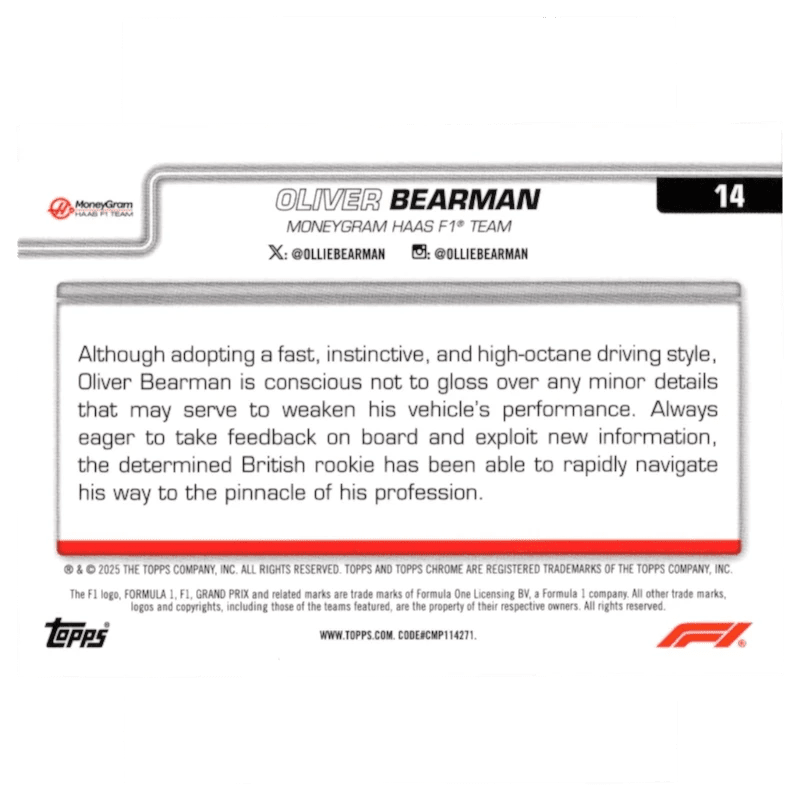 2025 F1 Topps Chrome Sapphire Oliver Bearman #14 Trading Card Topps
