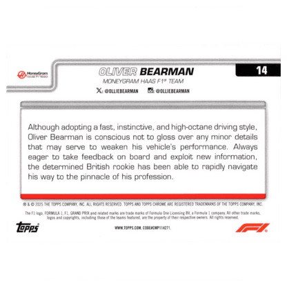 2025 F1 Topps Chrome Sapphire Oliver Bearman #14 Trading Card Topps