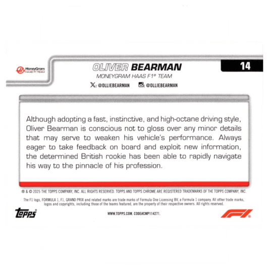 2025 F1 Topps Chrome Sapphire Oliver Bearman #14 Trading Card Topps