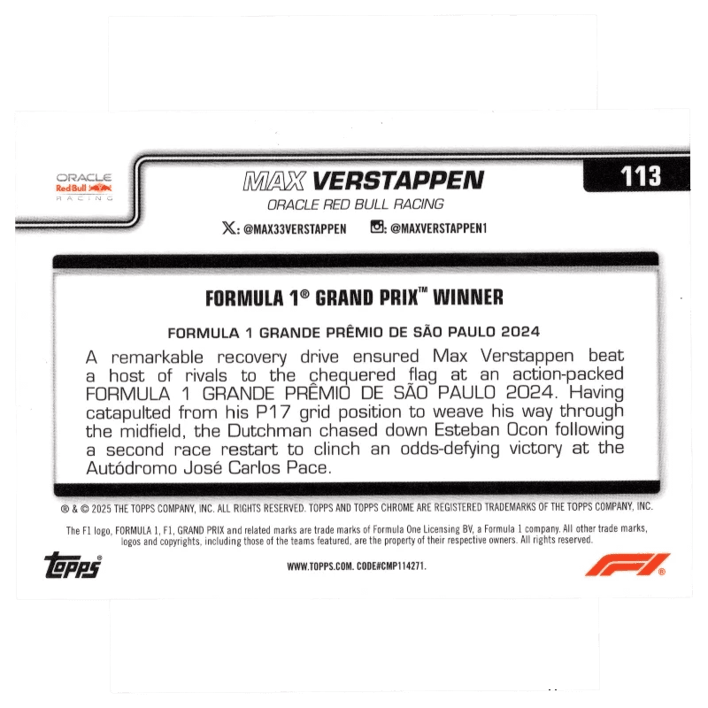 2025 Topps Chrome Formula 1 #113 Max Verstappen Blue Refractor 17/150 Trading Card Topps