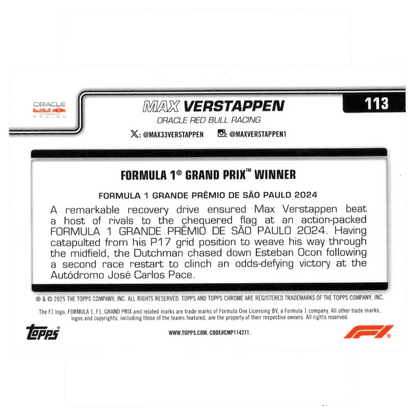 2025 Topps Chrome Formula 1 #113 Max Verstappen Blue Refractor 17/150 Trading Card Topps