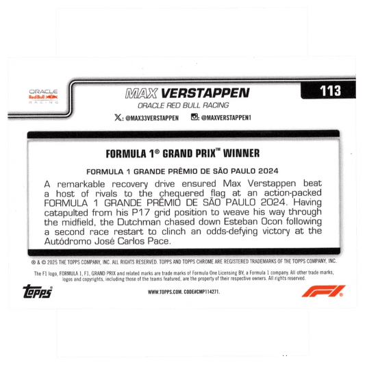 2025 Topps Chrome Formula 1 #113 Max Verstappen Blue Refractor 17/150 Trading Card Topps