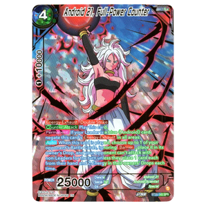 God Grade Android 21, Full-Power Counter BT20-145 SPR Dragon Ball Super card. Features Android 21 in a dynamic pose with pink and blue energy effects.