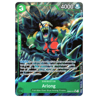 God Grade Arlong Alternate Art EB02-011 SR One Piece card featuring dynamic green and blue character illustration