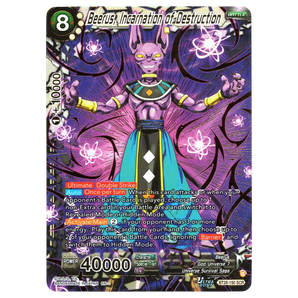 God Grade Beerus, Incarnation of Destruction BT28-150 SCR Dragon Ball Super card. Purple character with yellow accents and blue robe.