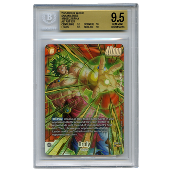 God Grade BGS 9.5 graded Broly FB08-122 SCR Dragon Ball Super Fusion World card in a protective plastic slab