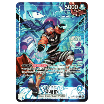 God Grade Buggy Alternate Art Leader card from One Piece The Time of Battle set featuring blue dynamic artwork