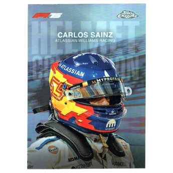 God Grade 2025 Topps Chrome F1 Carlos Sainz Helmet Collection HC-7 trading card featuring a blue and yellow helmet