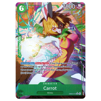 God Grade Carrot Alternate Art EB03-013 Rare One Piece card featuring vibrant anime illustration of Carrot