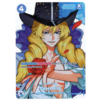 God Grade Cavendish OP10-045 R Rare Special One Piece trading card featuring the blonde character in a black hat