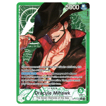 God Grade Dracule Mihawk Alternate Art Leader card from One Piece The Azure Sea's Seven set
