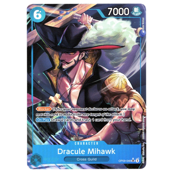 God Grade Dracule Mihawk Parallel OP09-048 SR One Piece trading card featuring detailed character artwork