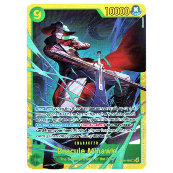 God Grade Dracule Mihawk OP14-119 SEC Secret Rare One Piece card featuring a vibrant yellow holographic design.
