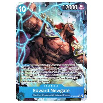 God Grade Edward Newgate Parallel OP08-043 SR One Piece card featuring a muscular Whitebeard with blue lightning