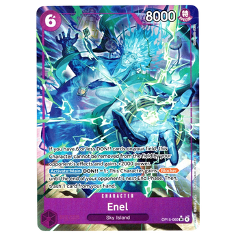 God Grade Enel Alternate Art OP15-060 SR One Piece card featuring vibrant purple lightning and character illustration
