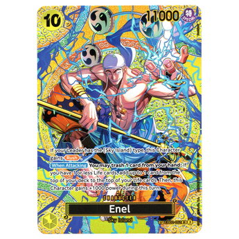 God Grade Enel SP EB02-052 SR Super Rare One Piece card featuring vibrant lightning art and gold foil details.