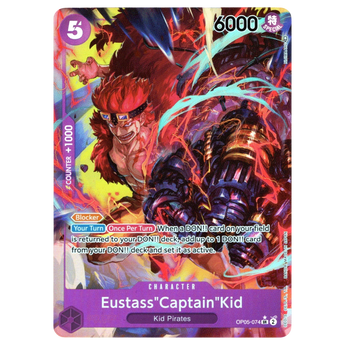 God Grade One Piece Card Game Eustass Captain Kid Alternate Art OP05-074 SR card with vibrant purple and red artwork