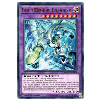 God Grade Favorite HERO Shining Flare Wingman MAMO-EN004 Ultra Rare Yu-Gi-Oh! trading card in near mint condition.