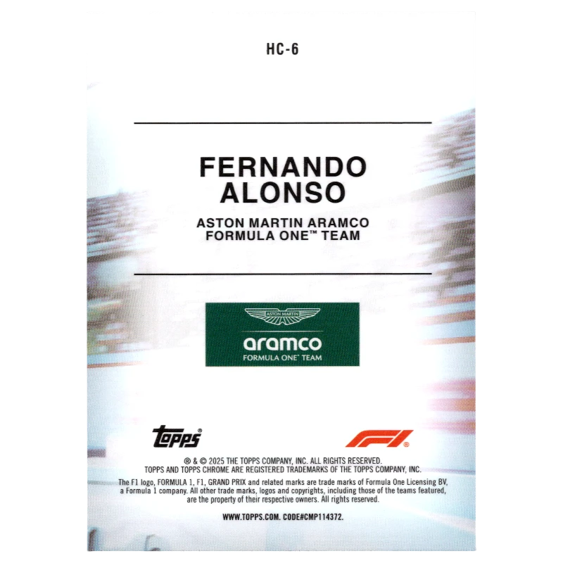 2025 Topps Chrome F1 Fernando Alonso Helmet Collection HC-6 Trading Card Topps