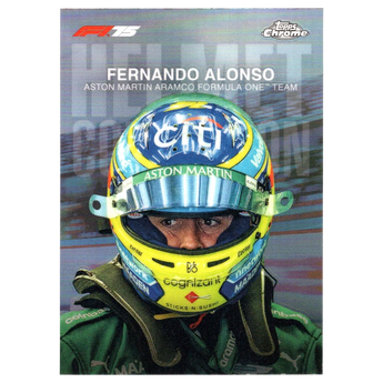 God Grade 2025 Topps Chrome F1 Fernando Alonso Helmet Collection HC-6 trading card featuring a driver portrait