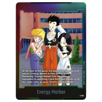 God Grade Dragon Ball Super Fusion World Energy Marker E-155 silver rarity card featuring Gohan, Videl, and Cheelai
