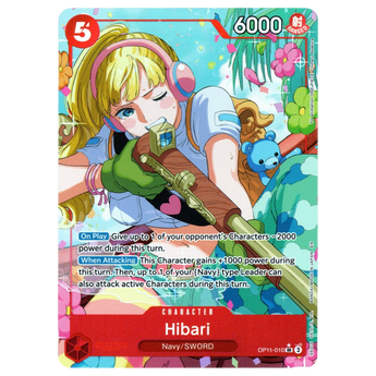 God Grade Hibari Alternate Art OP11-010 SR One Piece card featuring a blonde character aiming a rifle in a jungle