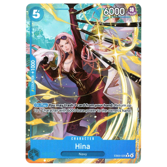 God Grade Hina Alternate Art EB03-025 R One Piece card featuring Hina in a maroon suit with dynamic golden effects.