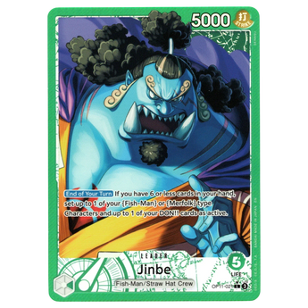 God Grade Jinbe Alternate Art Leader card from One Piece Card Game featuring blue character with green border