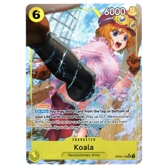 God Grade Koala Parallel OP09-103 SR One Piece card featuring Koala in a pink outfit with goggles in action.