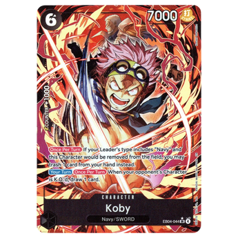God Grade Koby Alternate Art EB04-044 SR One Piece trading card featuring dynamic red flame background illustration
