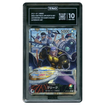 God Grade encapsulated Krieg Alternate Art One Piece card OP15-001 graded 10 Gem Mint in a protective slab
