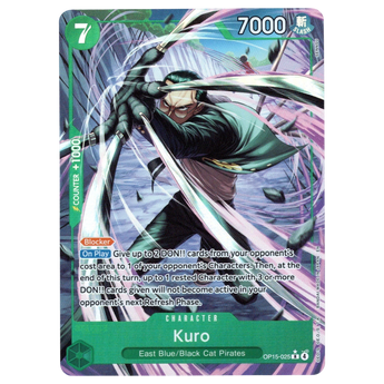 God Grade Kuro Alternate Art OP15-025 Rare One Piece card featuring dynamic action illustration
