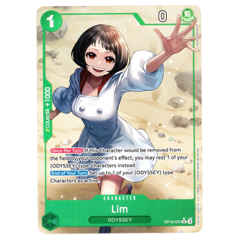 God Grade Lim Parallel OP10-037 Rare One Piece trading card featuring anime character Lim in a white outfit