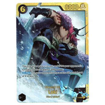 God Grade Loki OP17-119 SEC Secret Rare One Piece card featuring dynamic artwork of Loki in a snowy landscape