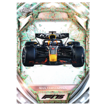 God Grade 2025 Topps Chrome F1 Max Verstappen Diamond 75th Anniversary trading card featuring a Formula 1 race car.