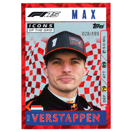 2025 Topps Turbo Attax F1 Max Verstappen Icons of the Grid Red Parallel 028/499 #312 Trading Card Topps