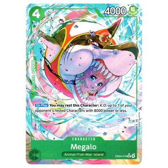 God Grade Megalo Alternate Art EB04-018 One Piece trading card featuring vibrant aquatic artwork of Megalo
