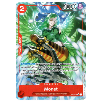 God Grade Monet Parallel SR One Piece trading card featuring green-haired character with wings in dynamic pose