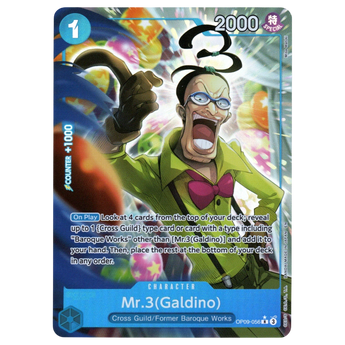 God Grade Mr.3 Galdino Alternate Art One Piece trading card featuring a blue background and character illustration