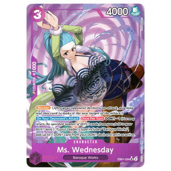 God Grade Ms. Wednesday alternate art One Piece trading card featuring a purple and blue character illustration
