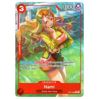 God Grade Nami Parallel ST21-009 One Piece card featuring vibrant artwork of Nami in a yellow top and green overalls