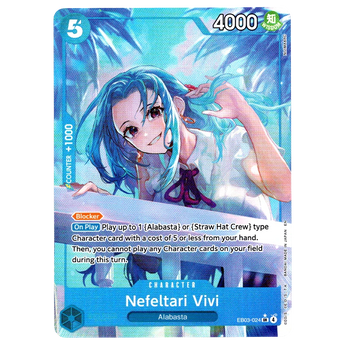 God Grade Nefeltari Vivi Alternate Art One Piece trading card featuring blue hair in a vibrant tropical setting.