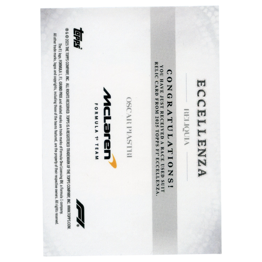 2025 Topps Eccellenza F1 Oscar Piastri Reliquia Jumbo Race-Used Suit Relic Trading Card Topps
