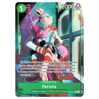 God Grade Perona Parallel OP09-034 R One Piece trading card featuring vibrant pink hair and gothic style artwork