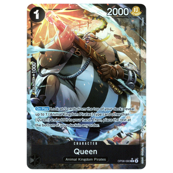 God Grade Queen Parallel OP08-080 R One Piece trading card featuring dynamic character art in a battle scene