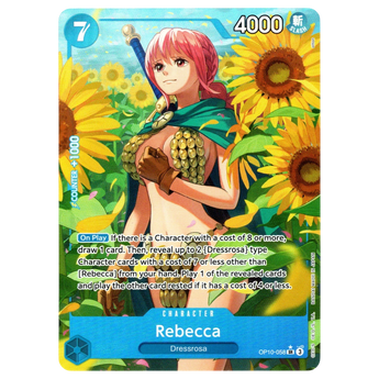 God Grade Rebecca Parallel OP10-058 SR One Piece card featuring Rebecca in a sunflower field